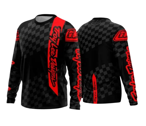 Camisa com logo no peito e estampa grande nas costas, exibindo um design forte e vibrante para amantes de motocross e trilhas, perfeita para destacar sua paixão sobre duas rodas em qualquer aventura.